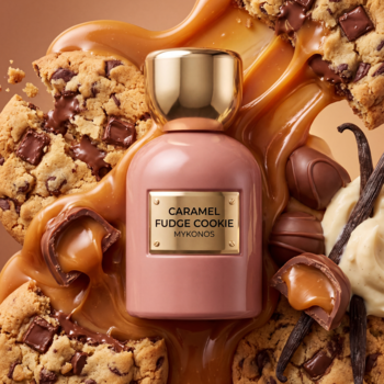 Flakon perfum Caramel Fudge Cookie Mykonos w różu ze złotą nakrętką, otoczony karmelem, ciasteczkami i czekoladą.