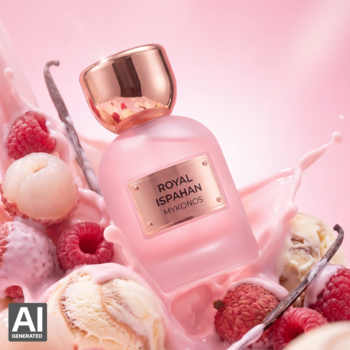 Ekstrakt perfum Mykonos Royal Ispahan w różowej butelce, wśród malin, liczi i wanilii, otoczony różowymi rozbryzgami.