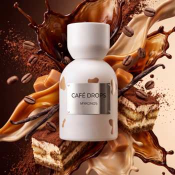 Ekstrakt perfum Mykonos Cafe Drops, biała butelka na tle kawy, karmelu, tiramisu i wanilii.