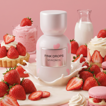 Mykonos Pink Drops, perfumy o zapachu truskawkowego shake'a, flakon w otoczeniu truskawek i mleka.