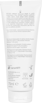 Tył białej tubki Seysso Bright Advanced Bright, rozjaśniającej pasty z fluorem 75ml, wegańska, od 7 lat.