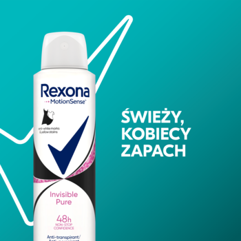 Rexona MotionSense Invisible Pure, biało-czarny antyperspirant w aerozolu na turkusowym tle, z napisem ŚWIEŻY ZAPACH.
