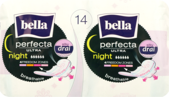 Bella Perfecta Ultra Night, dwie paczki ultracienkich podpasek na noc z siateczką silky drai, z przodu.