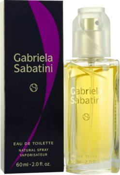 Gabriela Sabatini Eau de Toilette, złota butelka obok czarnego kartonika z fioletowym logo, 60 ml, widok z przodu.