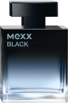 Mexx Black woda toaletowa, prostokątny flakon z niebieskim płynem i czarną nakrętką, widok z przodu.