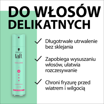 Lakier Taft Volume do delikatnych włosów, zielona butelka, widok z przodu, utrwala i chroni przed wilgocią.