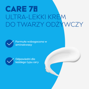 Grafika: NIVEA Care 7w1 ultra-lekki krem odżywczy z aminokwasami. Do każdego typu cery, niebieskie tło.
