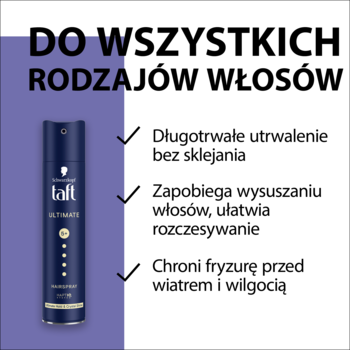 Lakier do włosów Taft Ultimate 5+ w granatowej butelce, chroniący fryzurę przed wiatrem i wilgocią, do wszystkich rodzajów włosów.