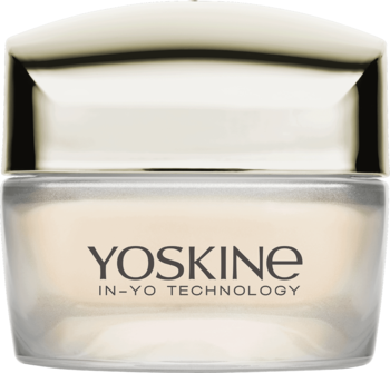 Krem Yoskine Tsubaki Ant-Age z In-Yo Technology w szklanym słoiczku ze złotą zakrętką, widok z przodu.