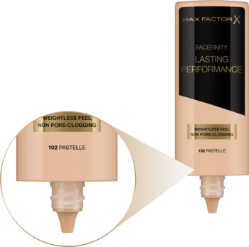 Max Factor Facefinity Lasting Performance, beżowy podkład 102 Pastelle ze zbliżeniem na aplikator i opis 'nie zatyka porów'.