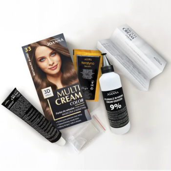 Joanna Multi Cream Color farba do włos&oacute;w, odcień 33, zestaw z pudełkiem, tubką, butelką i maską na białym tle.