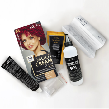 Farba do włosów Joanna Multi Cream Color 34 głęboka czerwień, zestaw z maską keratynową, widok z góry.