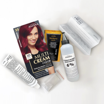 Zestaw farby do włosów Joanna Multi Cream Color 35 (wiśnia), z tubką, butelką i saszetką, na jasnym tle.