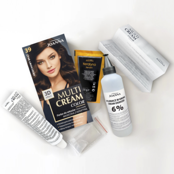 Zestaw trwałej farby do włosów Joanna Multi Cream Color 39 brąz, rozłożony na białym tle.