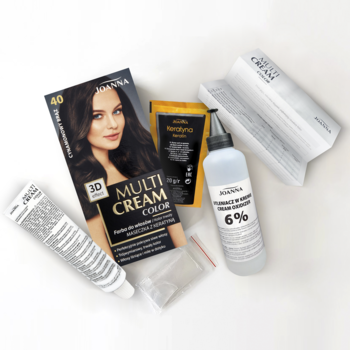 Joanna Multi Cream Color 40, zestaw do koloryzacji włosów ciemny brąz: pudełko, tubka, butelka, saszetki.
