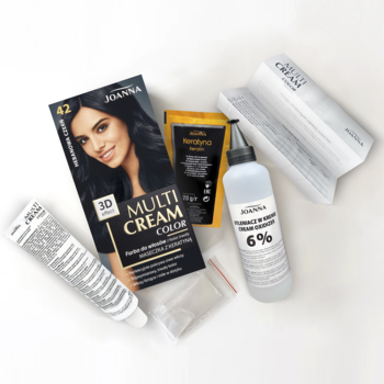 Zestaw do koloryzacji włosów Joanna Multi Cream Color 42 z farbą, utleniaczem i maską keratynową, widok z góry.