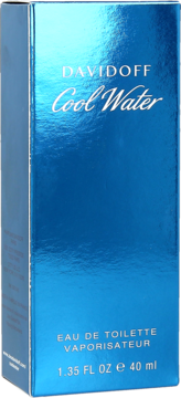 Błyszczące, metalicznie niebieskie pudełko perfum Davidoff Cool Water 40ml Eau de Toilette, z białym logo, widok z przodu.