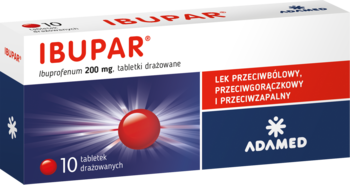 Lek Ibupar (ibuprofen 200mg) na ból i gorączkę, w biało-czerwonym pudełku, widok pod kątem.