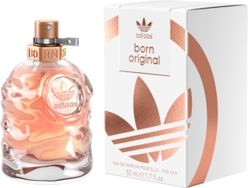 Adidas Born Original, różowozłota butelka perfum o organicznym kształcie z pudełkiem z logo Adidas.
