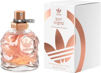 Adidas Born Original woda perfumowana: rosegold butelka o organicznym kształcie i białe pudełko, widok z przodu.