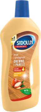 Środek Sidolux Expert do drewna i paneli z olejkiem arganowym. Beżowa butelka z niebieską nakrętką, widok z przodu.