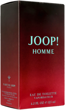 JOOP! Homme Eau de Toilette 125ml w czerwonym pudełku z błękitnym napisem, widok z przodu i z boku.