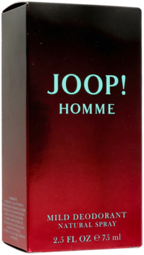 Ciemnoczerwone, błyszczące pudełko męskiego dezodorantu Joop! Homme Natural Spray 75ml, widok z przodu.