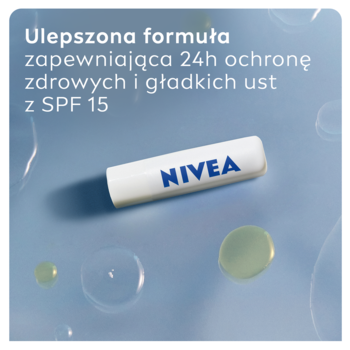 Biały balsam NIVEA Med Repair SPF 15 na niebieskim tle z kroplami, horyzontalnie, tekst o 24h ochronie.