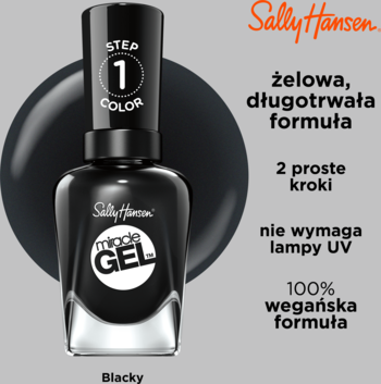 Czarny lakier Sally Hansen Miracle Gel w butelce, widok z przodu. Żelowy, długotrwały, bez lampy UV.