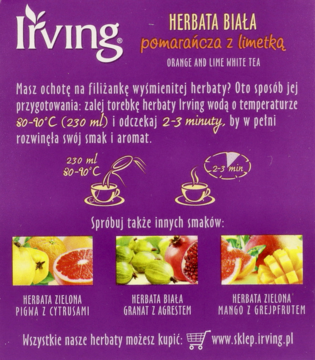 Fioletowe opakowanie herbaty białej Irving pomarańcza z limetką, z opisem parzenia i sekcją innych smaków.