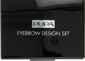 Czarny, błyszczący zestaw PUPA Eyebrow Design Set do pielęgnacji brwi, widok z góry na wieczko z logo.