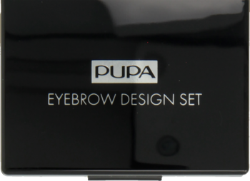 Czarne, błyszczące pudełko PUPA Eyebrow Design Set, widok z przodu. Białe napisy na kosmetycznym zestawie do brwi.