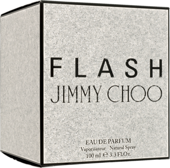 Perfumy Jimmy Choo Flash 100ml w szarym, matowym pudełku z delikatną teksturą, widoczne z przodu i z boku.