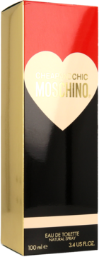 Moschino Cheap&Chic woda toaletowa, pionowe pudełko w złocie, czerni i czerwieni ze złotym sercem Moschino.