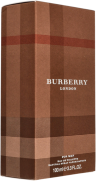 Burberry London for Men 100ml, brązowe pudełko w kratę z napisem, widok z przodu pod kątem.
