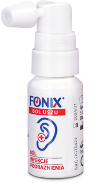 Biały spray do uszu Fonix Ból Uszu na ból i infekcje, z czerwoną etykietą i symbolem ucha, widok z przodu.