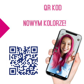 Ekran smartfona z kobietą o różowych włosach i kod QR, promujący farbę Schwarzkopf Live 093 Szokujący Róż.