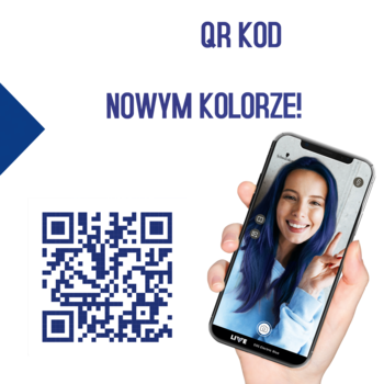 Ręka trzyma telefon z kobietą w niebieskich włosach, obok duży kod QR do Schwarzkopf Live Elektryczny Błękit 095.