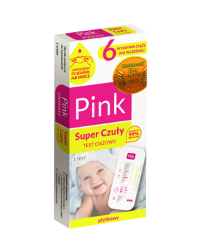 Płytkowy test ciążowy Pink Super Czuły w białym opakowaniu z różowym logo i zdjęciem dziecka, widok z przodu.