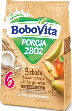 BoboVita Porcja Zbóż mleczna, jabłko-gruszka 6+, beżowa saszetka z owocami i zbożami, widok z przodu.