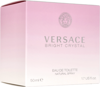 Różowe opakowanie perfum Versace Bright Crystal EDT, ze złotym logo i napisami, ujęcie z przodu i boku.