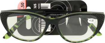 Infocus okulary do czytania +1.50, czarno-zielone oprawki w cętki, z teksturą brokatu, na opakowaniu.