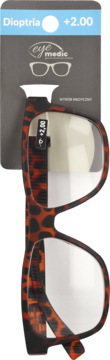 Okulary do czytania eye medic w oprawce typu szylkret, dioptria +2.00, na szarej karcie, widok z przodu.