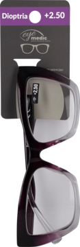 Fioletowe okulary Eye Medic z dioptrią +2.50 do czytania. Oprawki prostokątne, widoczne logo i metka.