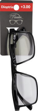 Czarne okulary do czytania Eye Medic z dioptrią +3.00, częściowo w czarnym opakowaniu, ułożone ukośnie.