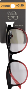 Czarne okulary do czytania z czerwonymi zausznikami, moc +3.50, w opakowaniu Eye Medic, widok z przodu.