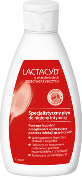 Biała butelka Lactacyd, specjalistyczny płyn do higieny intymnej z nagietkiem, przeciwgrzybiczy, widok z przodu.