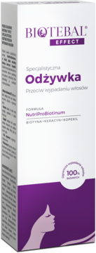 Biotebal EFFECT Odżywka Przeciw Wypadaniu Włosów, białe pudełko z purpurową grafiką kobiety, widok z przodu.