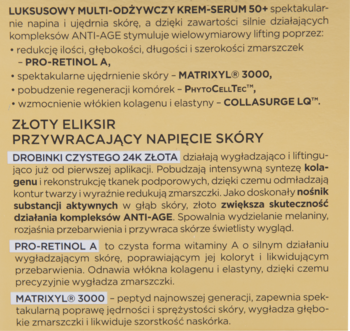 Tekst marketingowy luksusowego kremu-serum 50+ z 24K złotem i Pro-Retinolem A, opisujący skład i działanie.