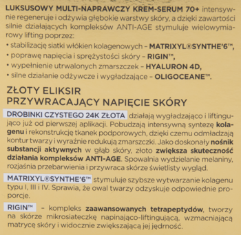 Fragment opisu Luksusowego Kremu-Serum 70+ z 24K złotem i Matrixyl® Synthe’6™, na beżowym tle.